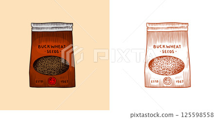 Buckwheat package. Engraved, hand drawn and buckwheat groats. Grass cereal crops outline icon set 125598558
