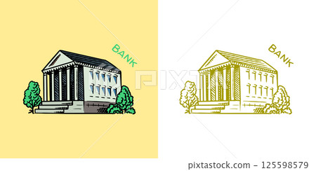 A bank building. Business doodles hand drawn icons. Management concept. Vector clipart illustration 125598579