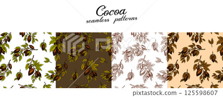 Seamless pattern with Cocoa Beans on a branch for Chocolate Hand Drawn engraved sketch. Vector 125598607