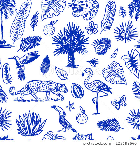 Seamless pattern with Japanese leopard or jaguar with tropical leaves, toucan, flamingo, hummingbird Seamless pattern with Japanese leopard or jaguar with tropical leaves, toucan, flamingo, hummingbird 125598666