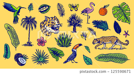 Japanese leopard or jaguar with tropical leaves, toucan, flamingo, hummingbird. Wild animal with 125598671
