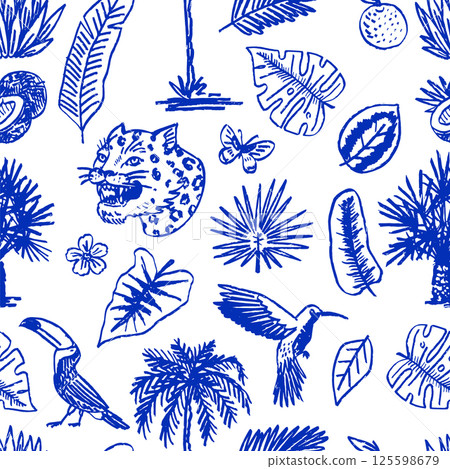 Seamless pattern with Japanese leopard or jaguar with tropical leaves, toucan, flamingo, hummingbird 125598679