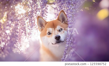 一隻美麗的柴犬被紫藤花包圍著 125598752