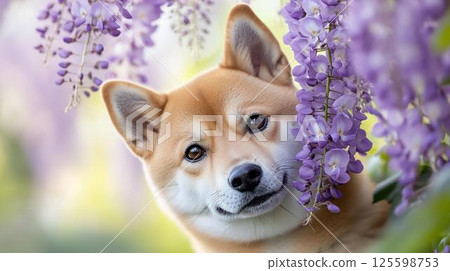 一隻美麗的柴犬被紫藤花包圍著 125598753