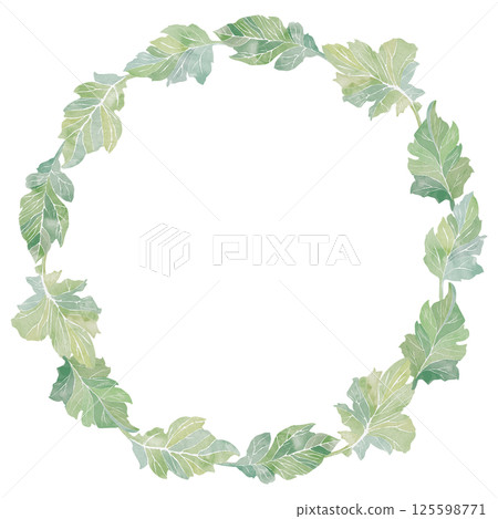 Green leaves frame. Watercolor clipart illustration of round foliage composition on white background. For invitations, postcards, business cards. Decorating clothes, dishes, other printed materials. 125598771
