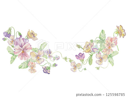 Violets flowers. Watercolor clipart illustration of frame flower composition on white background. For invitations, postcards, business cards. Decorating cups, dishes, other printed materials. Violets flowers. Watercolor clipart illustration of frame flower composition on white background. For invitations, postcards, business cards. Decorating cups, dishes, other printed materials. 125598785