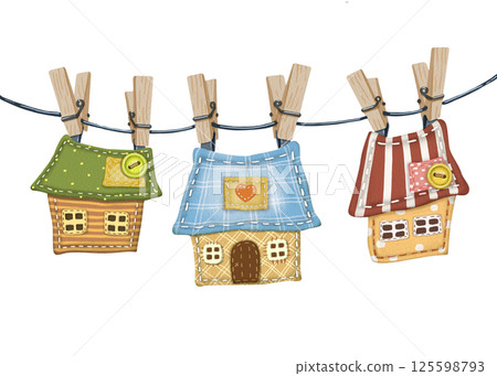 Fabric houses hanging on a rope. Watercolor illustration of handmade crafts. Cute cozy homes for scrapbooking and handmade. Postcards, notebooks, stickers, etc. Design of site on sewing and needlework Fabric houses hanging on a rope. Watercolor illustration of handmade crafts. Cute cozy homes for scrapbooking and handmade. Postcards, notebooks, stickers, etc. Design of site on sewing and needlework 125598793