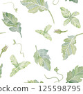 Seamless pattern of green leaves and flower buds. Fresh watercolor foliage isolated on white background. Abstract pattern for printing on fabric, clothes, wallpapers, wrap paper packages, etc. 125598795