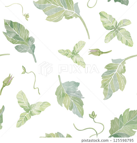 Seamless pattern of green leaves and flower buds. Fresh watercolor foliage isolated on white background. Abstract pattern for printing on fabric, clothes, wallpapers, wrap paper packages, etc. Seamless pattern of green leaves and flower buds. Fresh watercolor foliage isolated on white background. Abstract pattern for printing on fabric, clothes, wallpapers, wrap paper packages, etc. 125598795