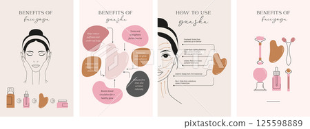 Face massage, Gua sha massage, self care, skincare illustrations. Minimalist clean design 125598889