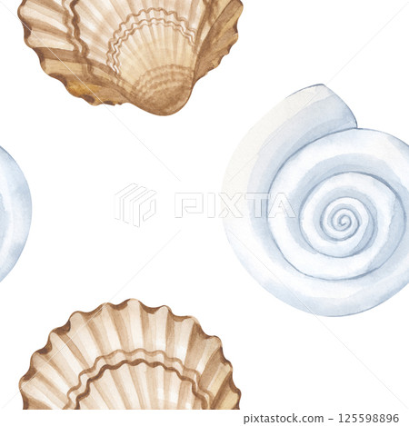 The watercolor seamless pattern with seashells is hand-drawn. Illustration on a white background. Artistic watercolor design for decorating holidays in a nautical style. The watercolor seamless pattern with seashells is hand-drawn. Illustration on a white background. Artistic watercolor design for decorating holidays in a nautical style. 125598896