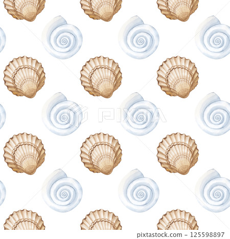 Seamless marine pattern. White and brown seashells on a white background, hand-painted. Watercolor illustration. Marine theme. For textile design, wallpaper, packaging. Seamless marine pattern. White and brown seashells on a white background, hand-painted. Watercolor illustration. Marine theme. For textile design, wallpaper, packaging. 125598897