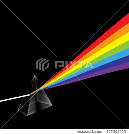 Vector Transparent Prism. Colorful Light Rays. Ray Rainbow Spectrum Dispersion. Optical Effect in Triangle Glass. Educational Physics Refraction. Laser Show 125598955