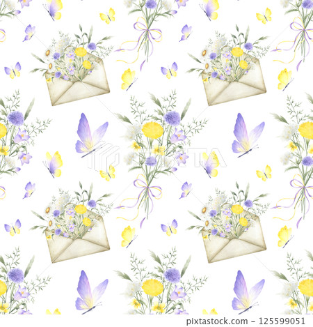 Watercolor yellow lilac wildflowers and butterflies seamless floral pattern. Field flowers and meadow grasses in bouquet tied ribbon bow and in old vintage envelope. Hand drawn isolated illustration Watercolor yellow lilac wildflowers and butterflies seamless floral pattern. Field flowers and meadow grasses in bouquet tied ribbon bow and in old vintage envelope. Hand drawn isolated illustration 125599051