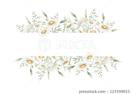 Wildflowers chamomile, yarrow and meadow grasses. Hand drawn isolated watercolor rectangular frame of yellow and white field rustic flowers with copy space for invitations, postcards, certificates Wildflowers chamomile, yarrow and meadow grasses. Hand drawn isolated watercolor rectangular frame of yellow and white field rustic flowers with copy space for invitations, postcards, certificates 125599053