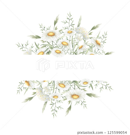 Wildflowers chamomile, yarrow and meadow grasses. Hand drawn isolated watercolor square frame of yellow and white field vintage flowers with copy space for invitations, postcards, certificates, cards 125599054