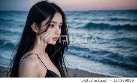 站在海邊的穿著黑裙子的美麗女人 125599099