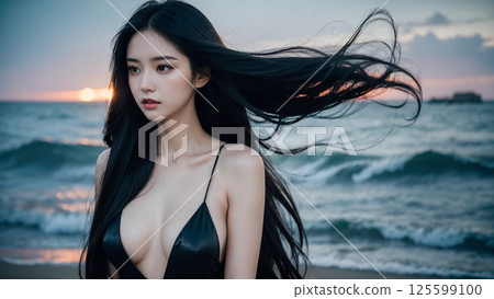 站在海邊的穿著黑裙子的美麗女人 125599100
