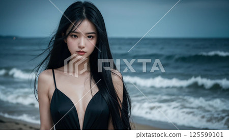 站在海邊的穿著黑裙子的美麗女人 125599101