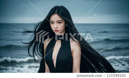 站在海邊的穿著黑裙子的美麗女人 125599102