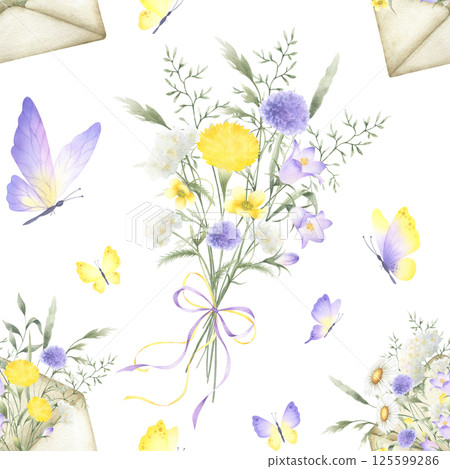 Seamless floral pattern with butterflies, bouquet tied ribbon bow and envelope with watercolor yellow and lilac wildflowers bellflower, buttercup and meadow grasses. Hand drawn isolated illustration 125599286
