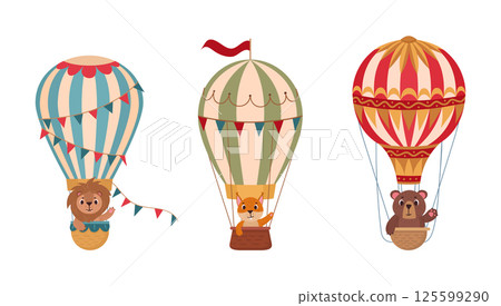 Animals on hot air balloons. Retro flying hot air balloon with animals on board flat vector illustration set. Cute animals flying on air transport 125599290