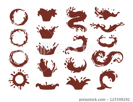 Cartoon coffee splash silhouettes. Liquid coffee or tea drops, flows and waves, brown liquid hot drink splashes flat vector illustration set. Coffee splash silhouettes Cartoon coffee splash silhouettes. Liquid coffee or tea drops, flows and waves, brown liquid hot drink splashes flat vector illustration set. Coffee splash silhouettes 125599292