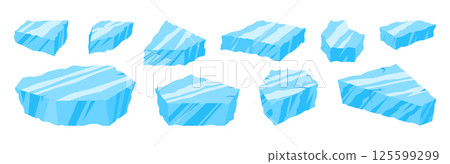 Frozen ice pieces. Cartoon floating blocks of ice, glaciers and icebergs parts, blue ice crystals floating in water flat vector illustration set. Antarctic ice on white 125599299