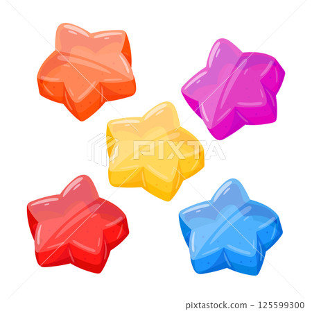 Fruity gummy candies. Jelly star shape sweets, delicious chewy sweets with various flavors flat vector illustration set. Cartoon jelly sweets Fruity gummy candies. Jelly star shape sweets, delicious chewy sweets with various flavors flat vector illustration set. Cartoon jelly sweets 125599300