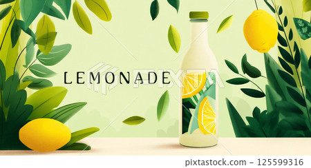 Refreshing lemonade drink in a vibrant natural setting with lemons and greenery during a sunny day. 125599316