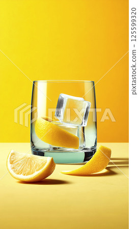 Refreshing glass of lemonade with ice cubes and lemon slices on a vibrant yellow background. 125599320