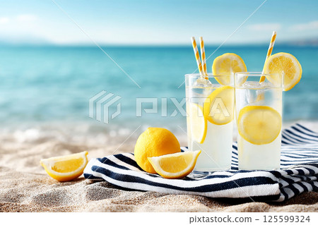 Refreshing lemonade served on a beach towel near the ocean on a sunny day. 125599324
