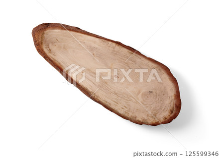 wooden plate made from tree trunk cut isolated on white background top view wooden plate made from tree trunk cut isolated on white background top view 125599346