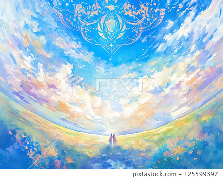 Two gods painted in watercolor style dividing the vast sky into two realms 125599397