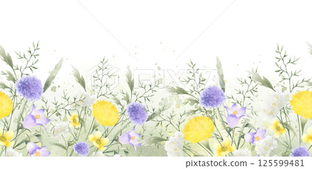 Wildflowers bellflower, dandelion, yarrow and meadow grasses. Hand drawn isolated watercolor seamless border of yellow lilac field flower on green stain and splash. Horizontal banner with copy space 125599481