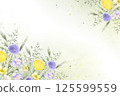Wildflowers bellflower, dandelion, yarrow and meadow grasses hand drawn isolated watercolor rectangular frame of yellow lilac field flower on green stain and splash. Template with copy space for card 125599559