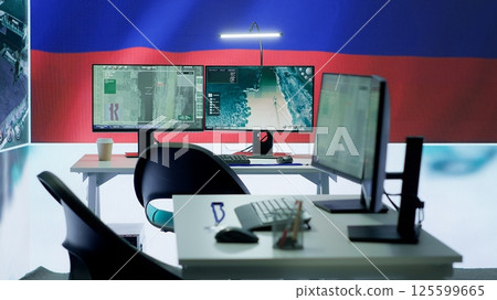 Empty mission control center with the russian flag on big screen, dealing with fake news and a terrorist attack with high tech gear. Spreading misinformation and controlling the people. Camera A. 125599665