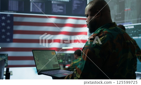 Intelligence officers in american military uniforms work on computers in a command post, managing surveillance and data analysis. Support global operations for the US government. Camera B. 125599725