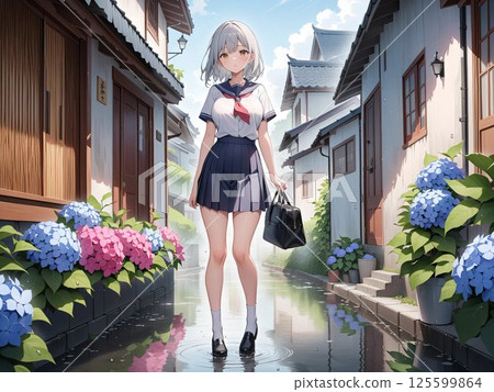 雨後，一位女孩沿著盛開的繡球花小徑漫步 125599864
