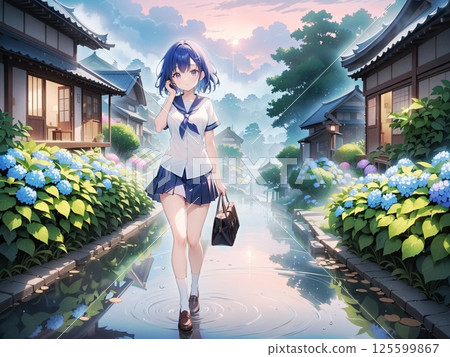 A girl walking along a path with hydrangeas blooming after the rain 125599867