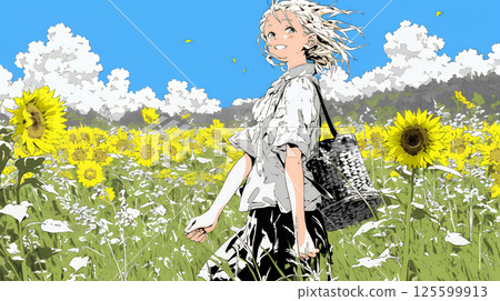 一位年輕女子在盛夏藍天下漫步在向日葵田裡 125599913