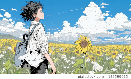 A young woman strolling through a sunflower field under a midsummer blue sky 125599915