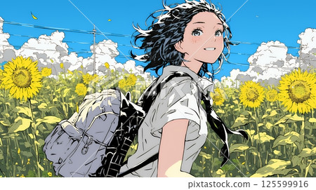 A young woman strolling through a sunflower field under a midsummer blue sky A young woman strolling through a sunflower field under a midsummer blue sky 125599916