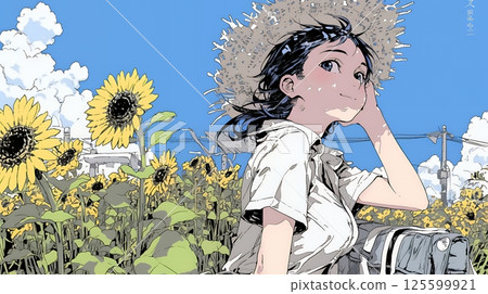 A young woman strolling through a sunflower field under a midsummer blue sky A young woman strolling through a sunflower field under a midsummer blue sky 125599921