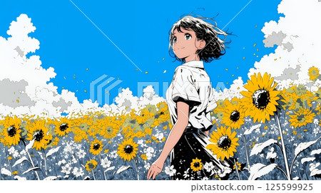 A young woman strolling through a sunflower field under a midsummer blue sky 125599925