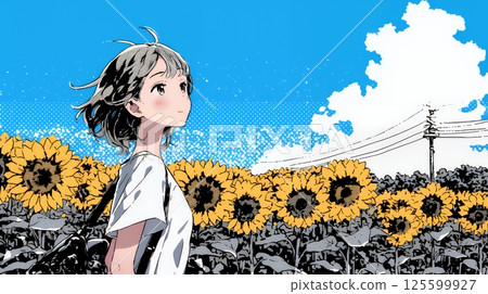 一位年輕女子在盛夏藍天下漫步在向日葵田裡 125599927