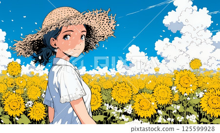 一位年輕女子在盛夏藍天下漫步在向日葵田裡 125599928