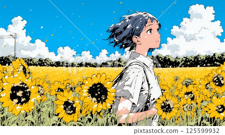 A young woman strolling through a sunflower field under a midsummer blue sky 125599932