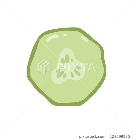 Pizza cucumber ingredient isolated on white. Vector cartoon illustration of dough base, tomato, pepper, mushroom pieces, slices of ham and salami, ketchup sauce, olive oil, rosemary, italian fast food 125599980