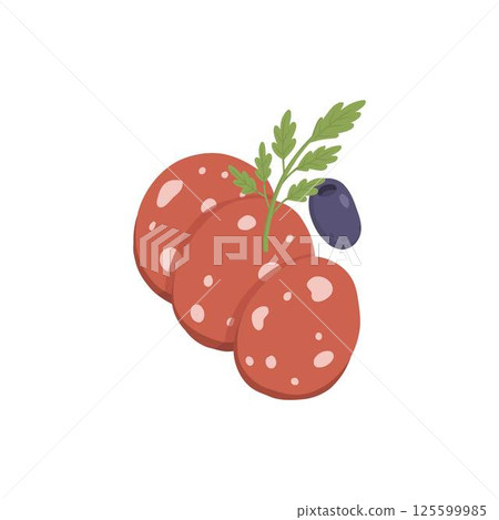 Pizza sausage pieces ingredient isolated on white. Vector cartoon illustration of dough base, tomato, pepper, mushroom pieces, slices of ham and salami, ketchup sauce, olive oil, rosemary, italian Pizza sausage pieces ingredient isolated on white. Vector cartoon illustration of dough base, tomato, pepper, mushroom pieces, slices of ham and salami, ketchup sauce, olive oil, rosemary, italian 125599985